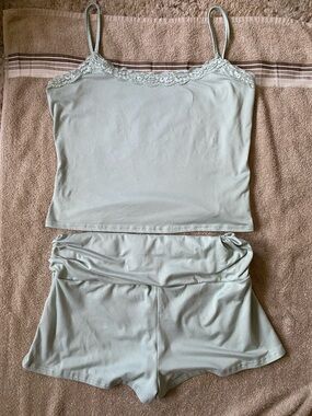Women's Lace-Trim Cami & Fold-Over Lounge Shorts Set - Light Sage